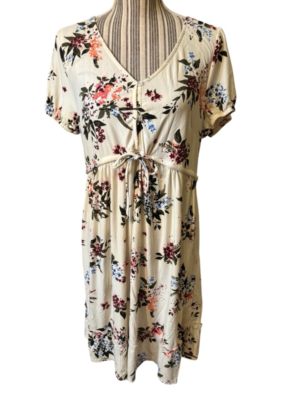 Derek Heart Maternity Dress XL Cream Floral Elastic Waist Adjustable Ties SOFT!